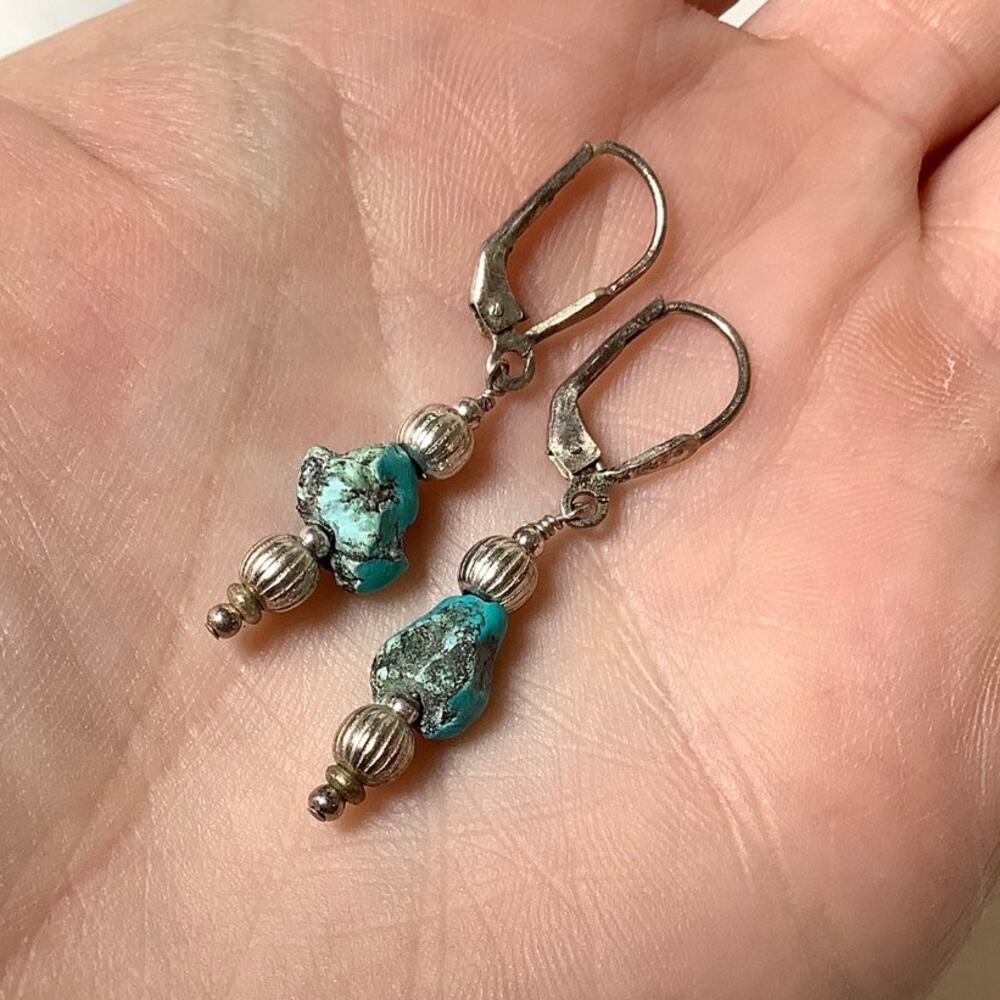 925 Sterling Silver Turquoise Beaded Leverback Dangle Earrings Minimalist F14-30